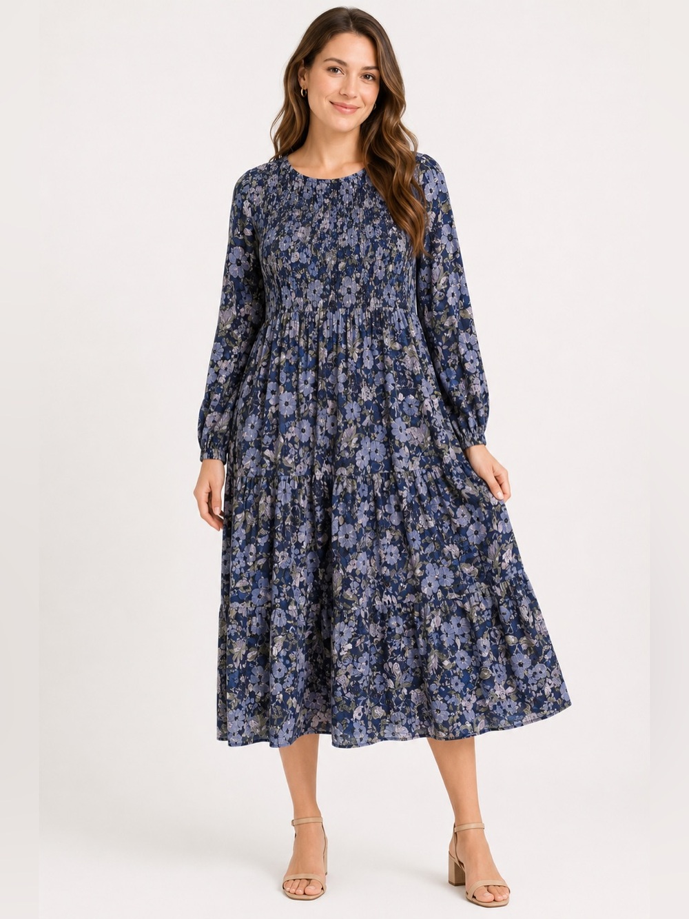 Kate & Sam XL Blue Floral Smocked Midi Dress Cottagecore Long Sleeve Tiered